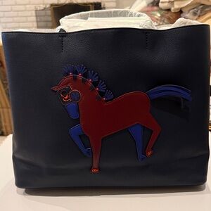 Tory Burch Dark Blue Tote with Red Horse Design